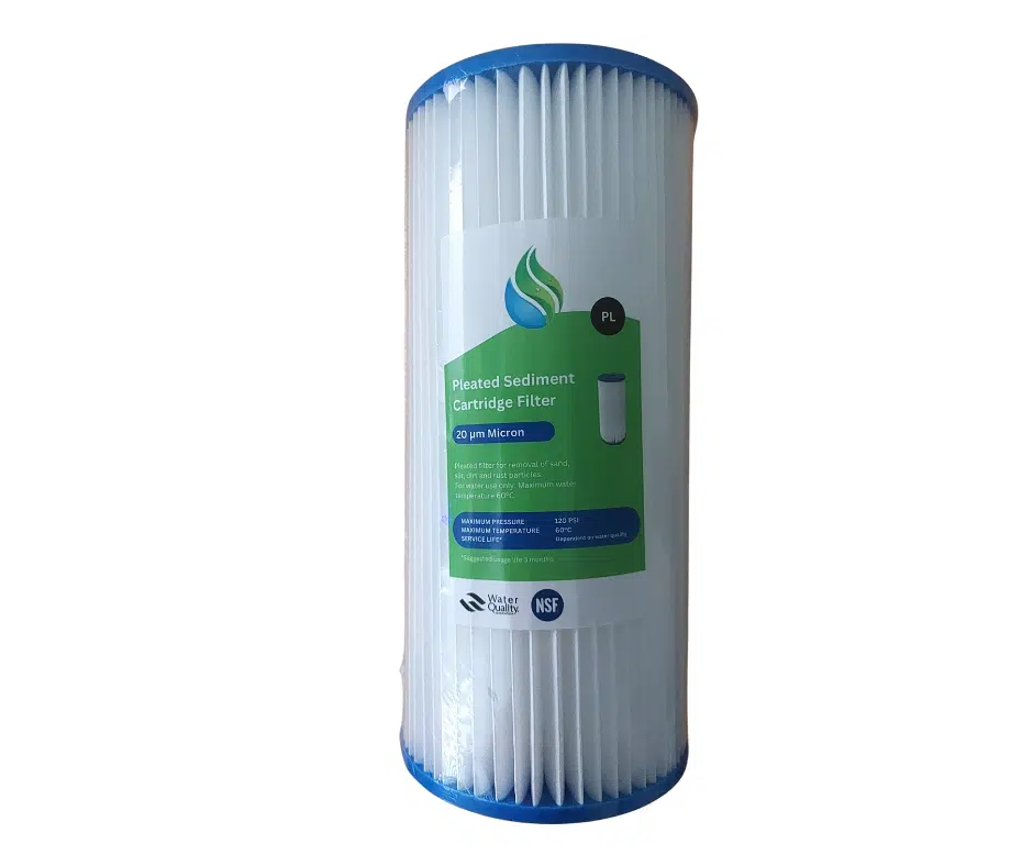10" x 4.5" pleated sediment cartridge filter 20 micron with blue end caps and green label, NSF certified, on white background