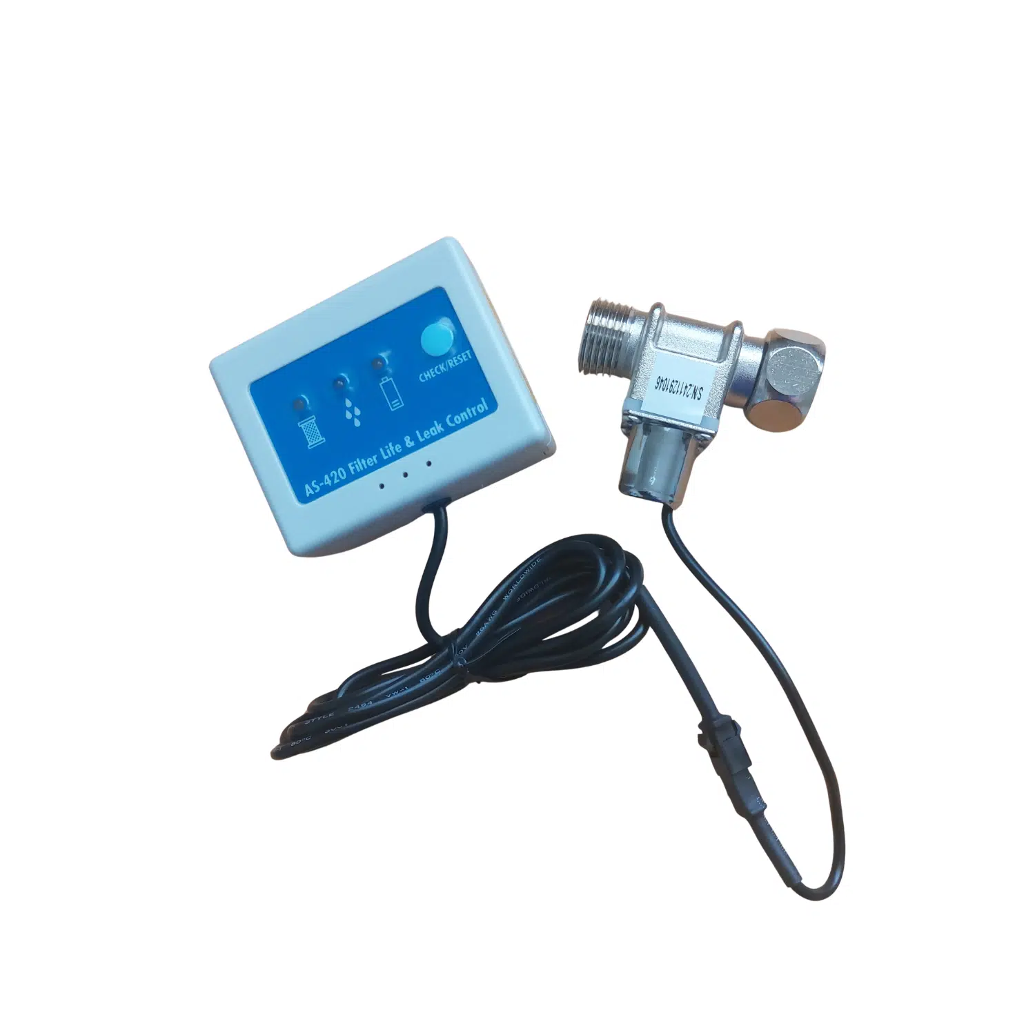 S-420 water leak detector with blue digital control panel displaying filter life and leak control indicators, connected to a stainless steel solenoid shut-off valve via black cable, on white background
